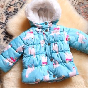 NWOT Girls Carter's Winter Puffer Jacket with Hood in Llama Print - 12 month